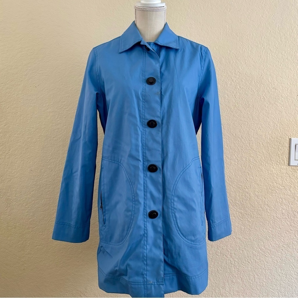 Liz Claiborne Trench Coat Medium Blue Button Front Polka Dot‎ Lining Jacket